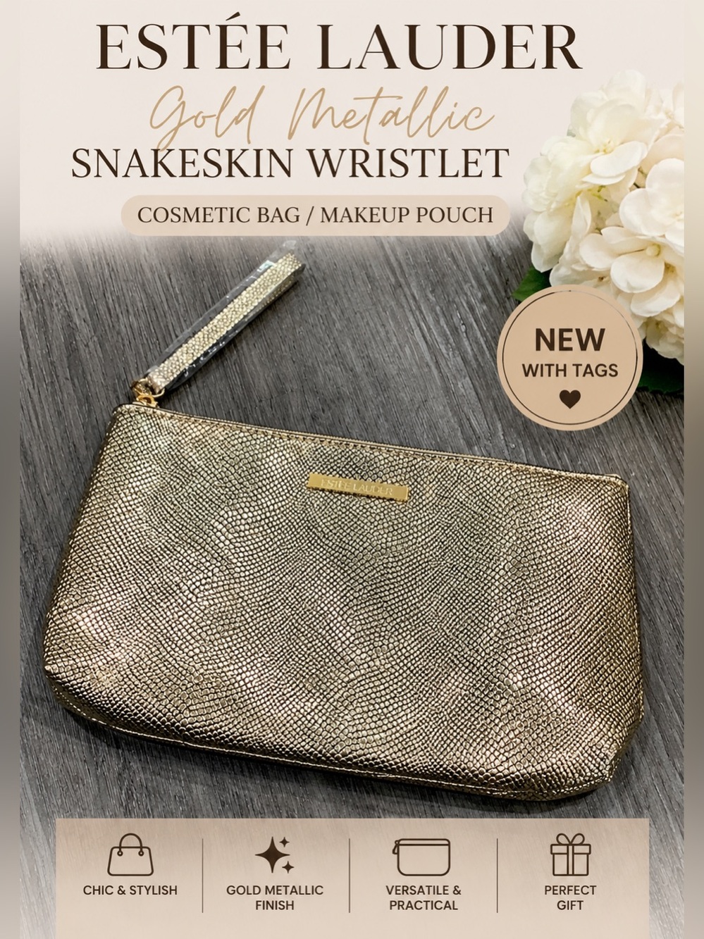 Estée Lauder Gold Metallic Snakeskin Wristlet Cosmetic Bag Makeup Pouch - New